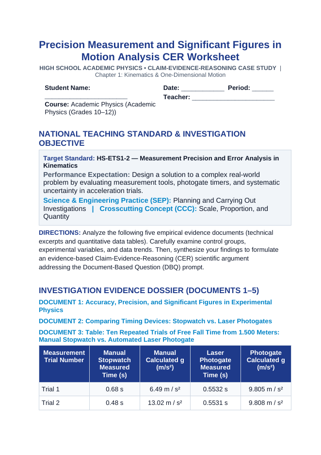 Precision Measurement and Significant Figures in Motion Analysis CER Phenomena Worksheet sample page