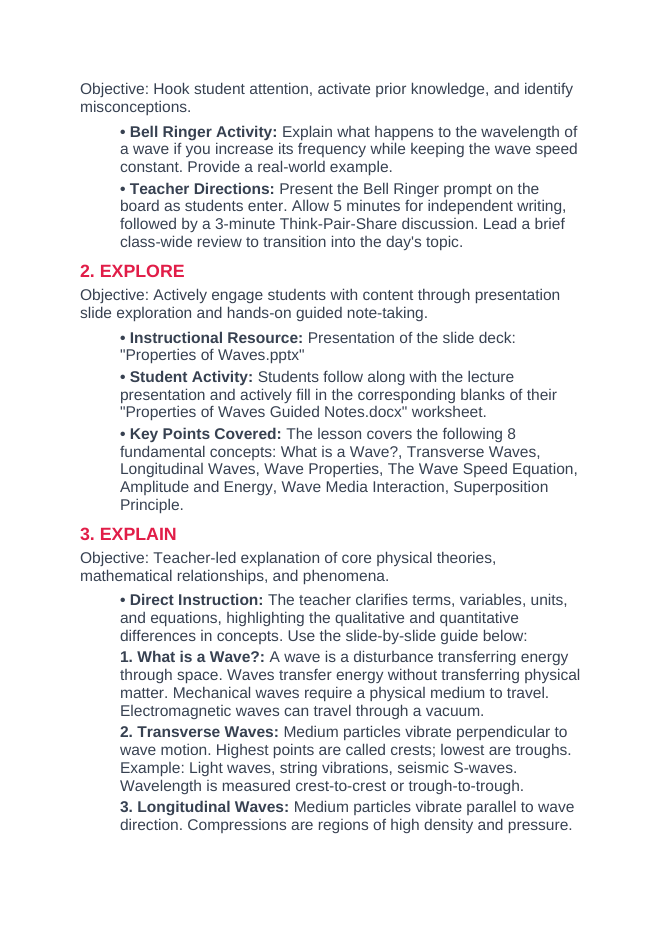 Properties of Waves 5E Lesson Plan sample page