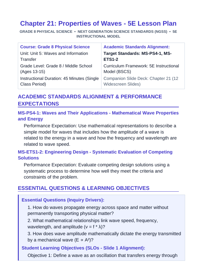 Properties of Waves 5E Lesson Plan sample page