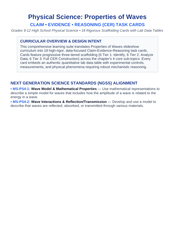 Properties of Waves CER Task Cards sample page