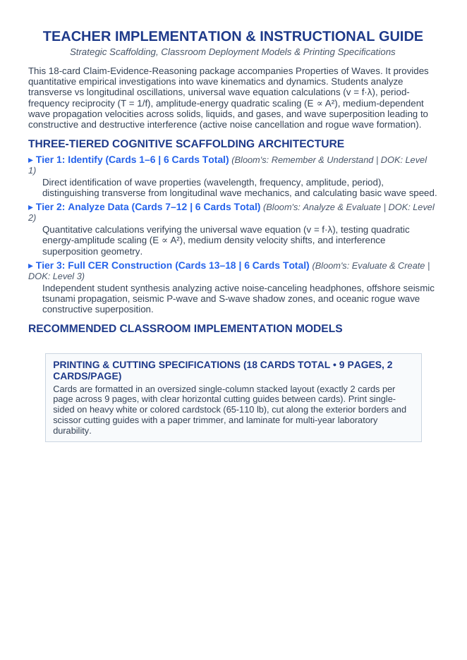Properties of Waves CER Task Cards sample page