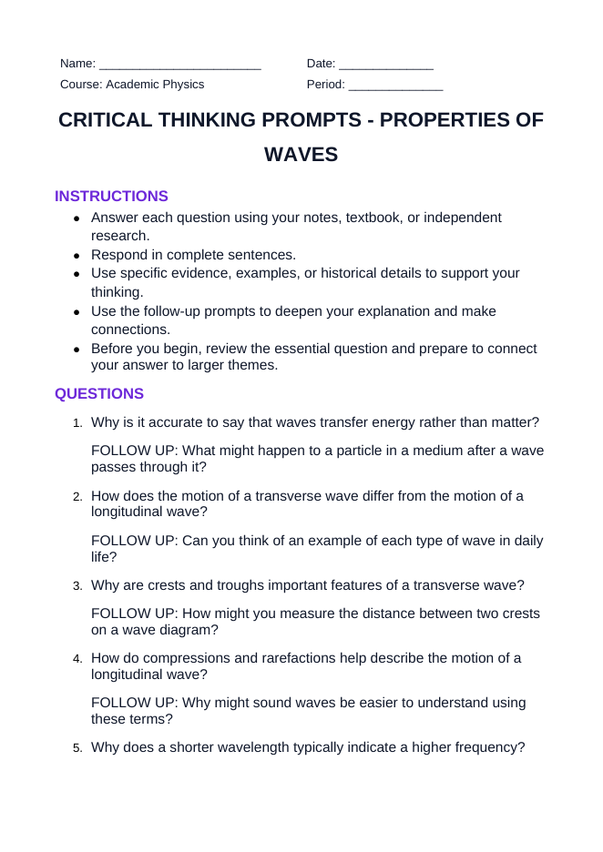 Properties of Waves Critical Thinking Prompts sample page
