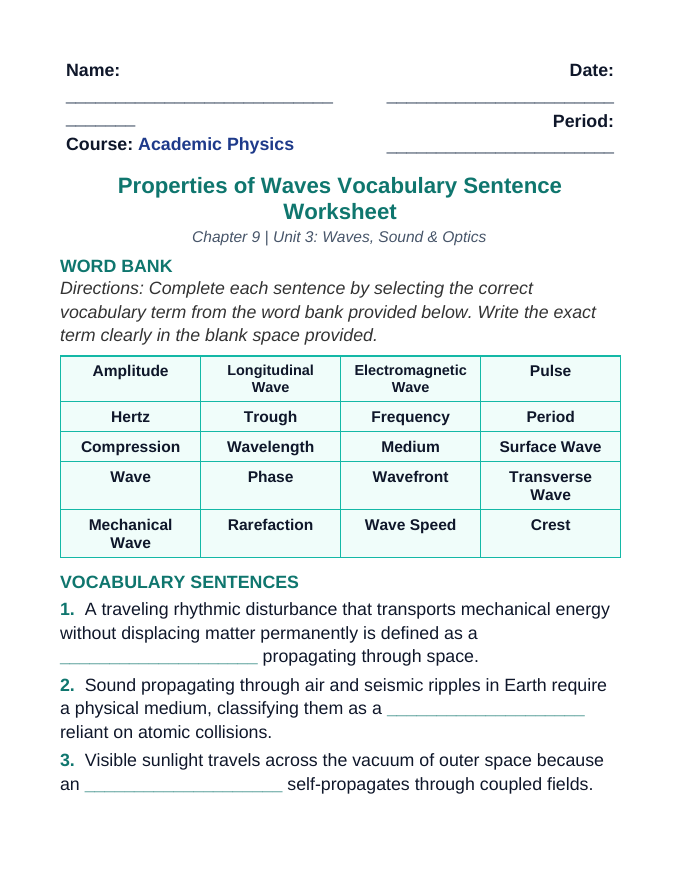 Properties of Waves Fill-in-the-Blank Vocabulary Worksheet sample page