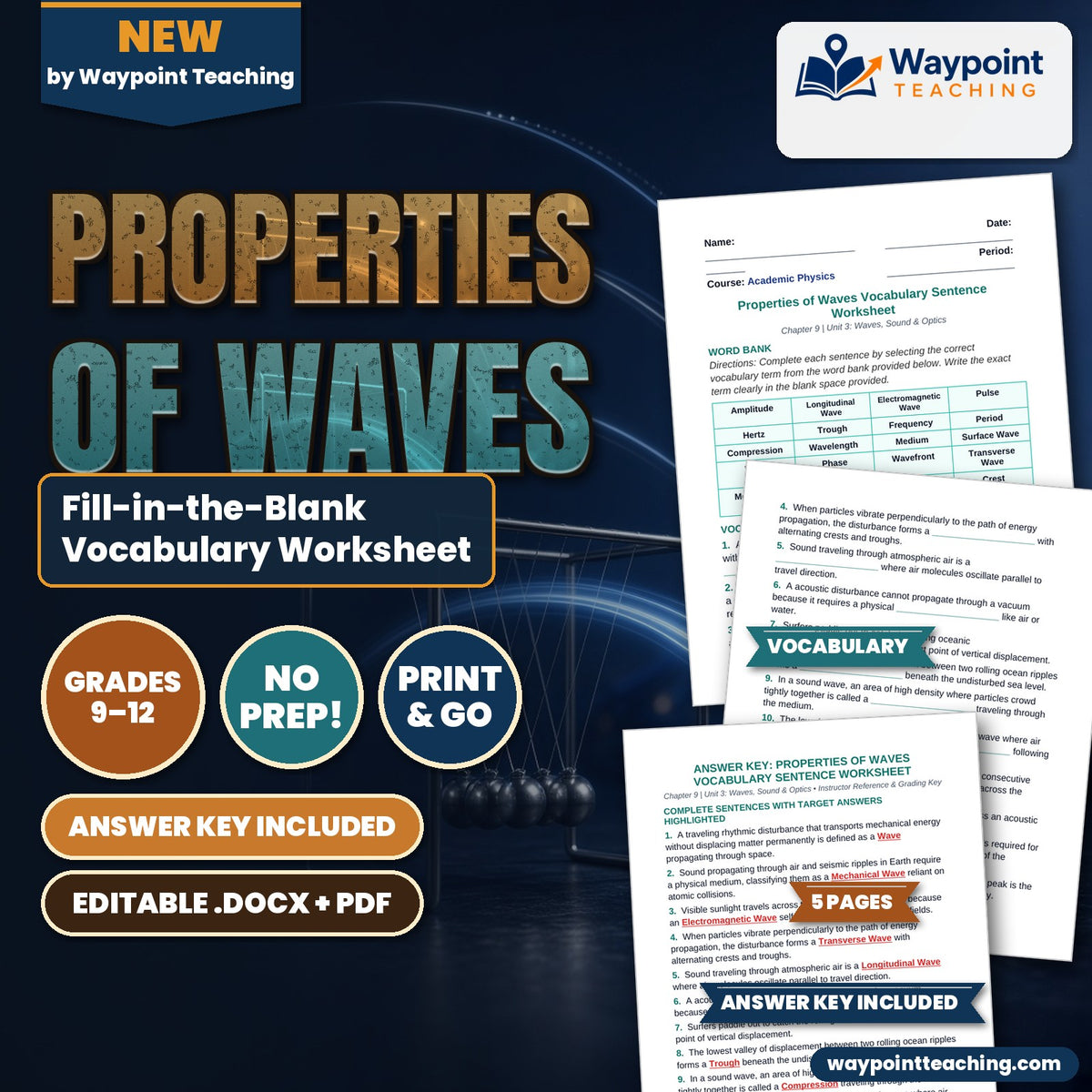 Properties of Waves Fill-in-the-Blank Vocabulary Worksheet cover