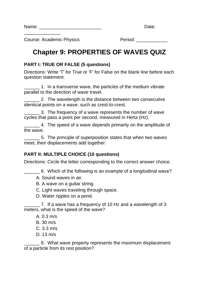 Properties of Waves Lesson Quiz sample page