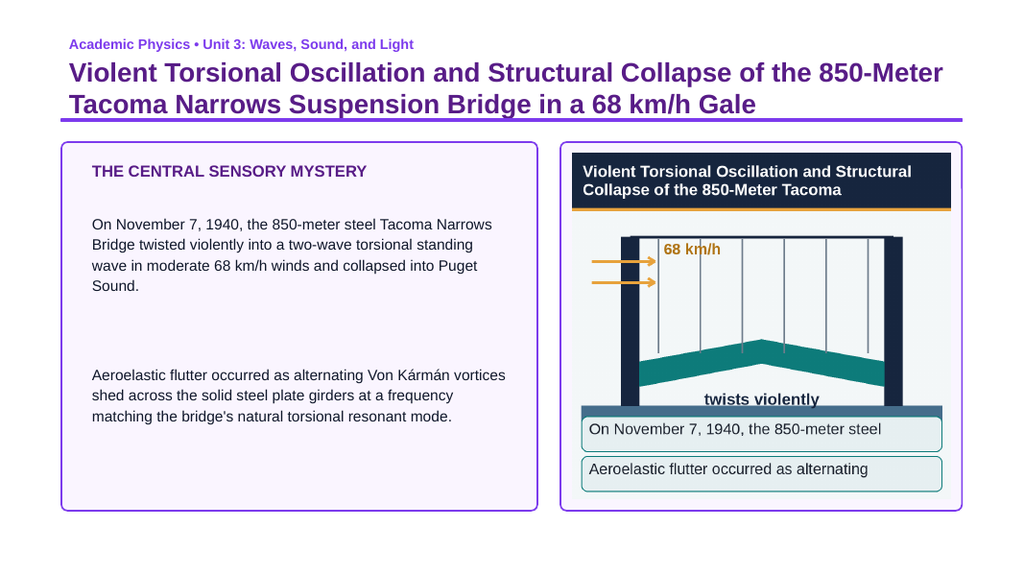 Properties of Waves Phenomena-Based Lesson: Violent Torsional Oscillation and Structural Collapse of the 850-Meter Tacoma Narrows Suspension Bridge in a 68 km/h Gale Presentation sample page