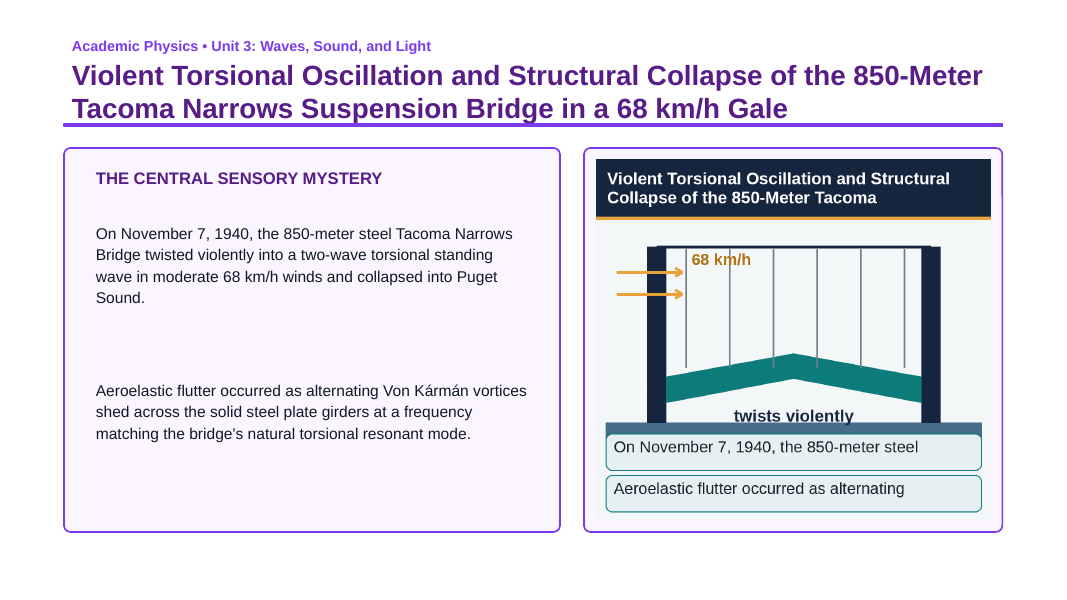 Properties of Waves Phenomena-Based Lesson: Violent Torsional Oscillation and Structural Collapse of the 850-Meter Tacoma Narrows Suspension Bridge in a 68 km/h Gale Presentation sample page