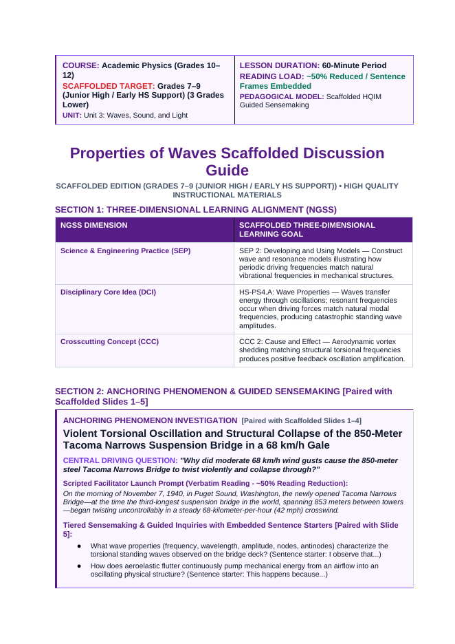 Properties of Waves Scaffolded Phenomena-Based Lesson: Violent Torsional Oscillation and Structural Collapse of the 850-Meter Tacoma Narrows Suspension Bridge in a 68 km/h Gale Teacher Discussion Guide sample page