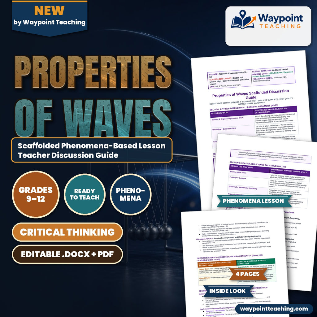 Properties of Waves Scaffolded Phenomena-Based Lesson: Violent Torsional Oscillation and Structural Collapse of the 850-Meter Tacoma Narrows Suspension Bridge in a 68 km/h Gale Teacher Discussion Guide cover