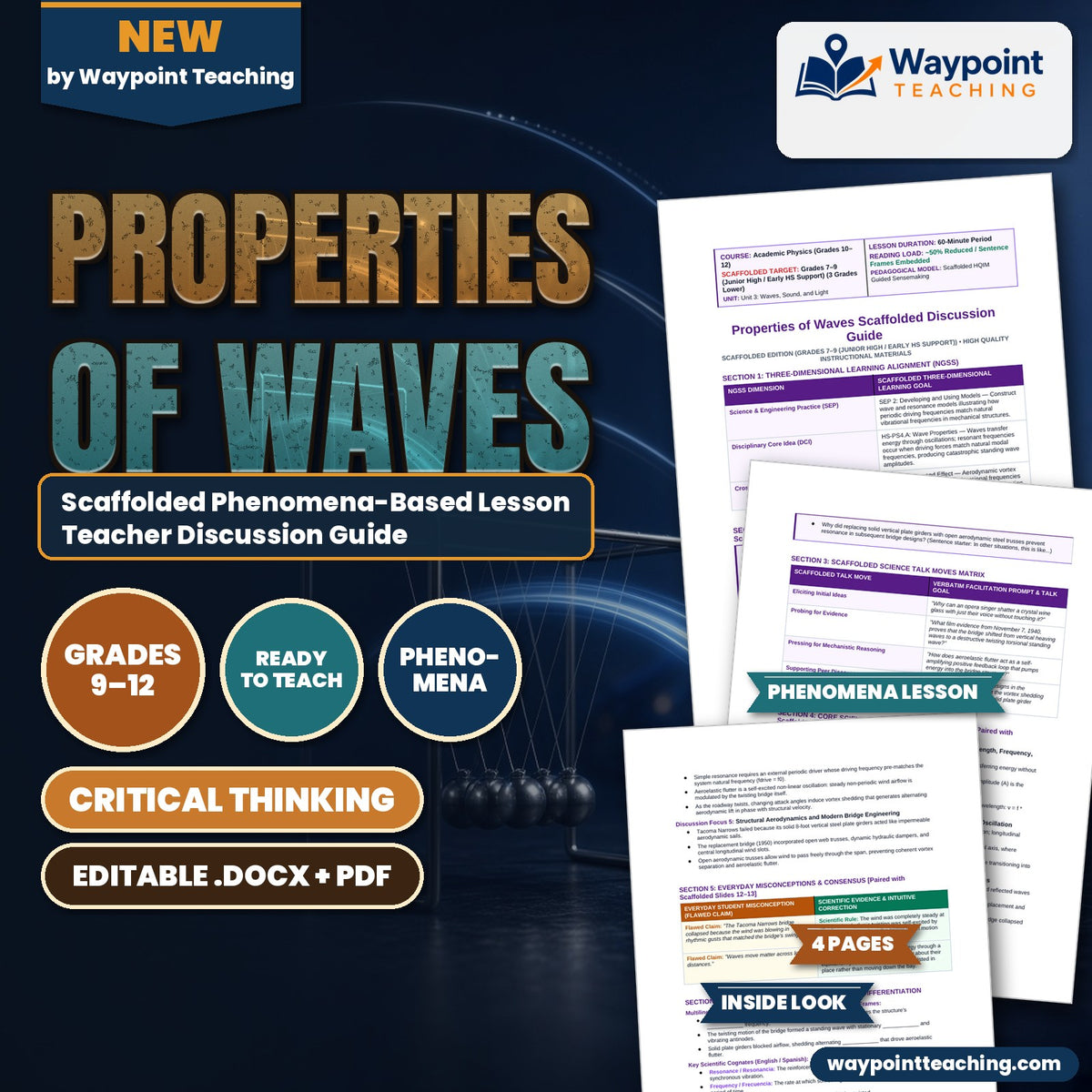 Properties of Waves Scaffolded Phenomena-Based Lesson: Violent Torsional Oscillation and Structural Collapse of the 850-Meter Tacoma Narrows Suspension Bridge in a 68 km/h Gale Teacher Discussion Guide cover