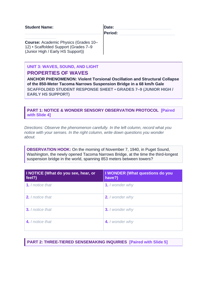 Properties of Waves Scaffolded Phenomena-Based Lesson: Violent Torsional Oscillation and Structural Collapse of the 850-Meter Tacoma Narrows Suspension Bridge in a 68 km/h Gale Student Response Sheet sample page