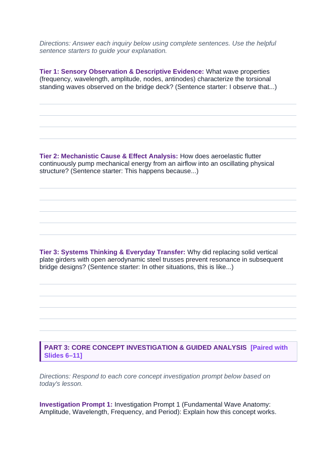 Properties of Waves Scaffolded Phenomena-Based Lesson: Violent Torsional Oscillation and Structural Collapse of the 850-Meter Tacoma Narrows Suspension Bridge in a 68 km/h Gale Student Response Sheet sample page