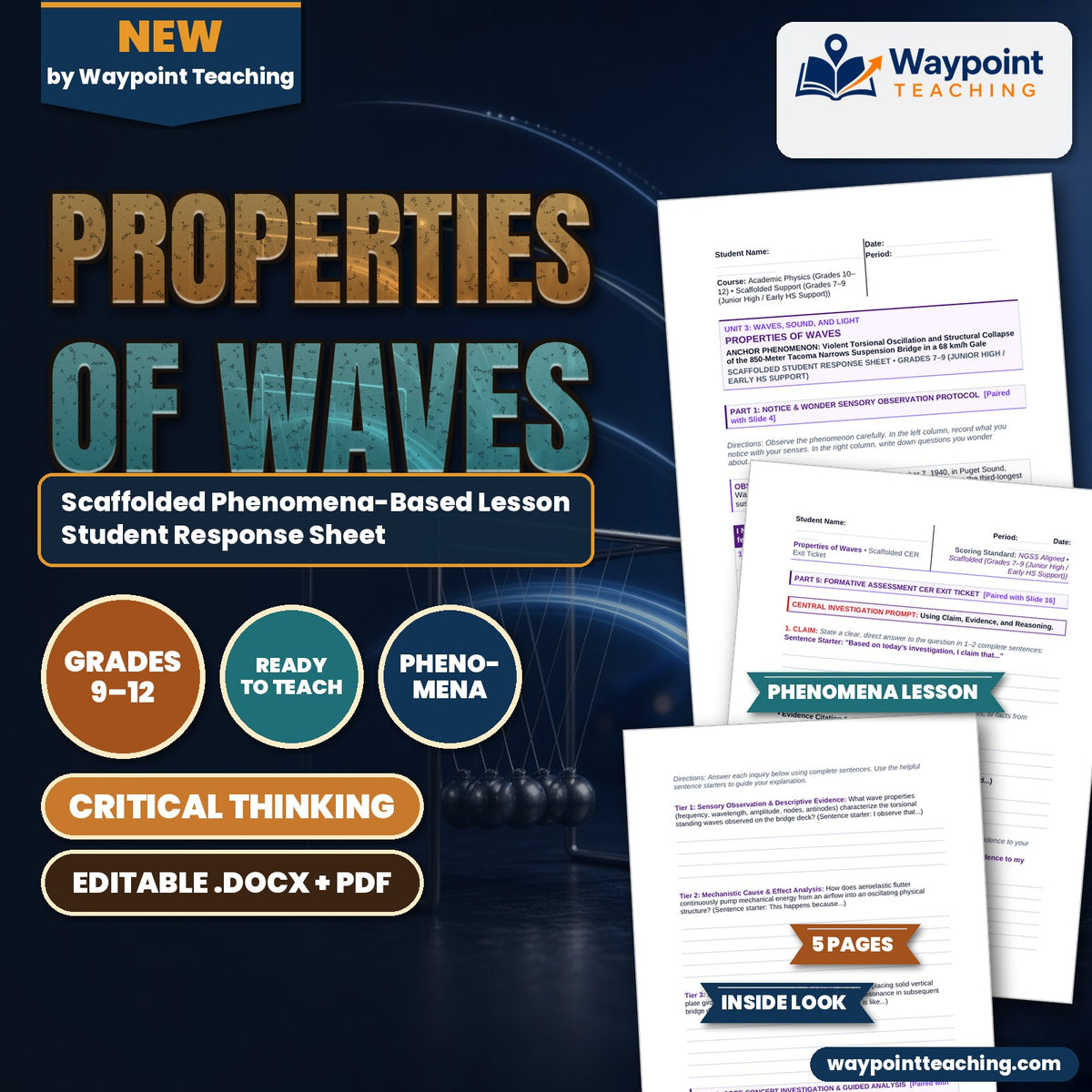 Properties of Waves Scaffolded Phenomena-Based Lesson: Violent Torsional Oscillation and Structural Collapse of the 850-Meter Tacoma Narrows Suspension Bridge in a 68 km/h Gale Student Response Sheet cover