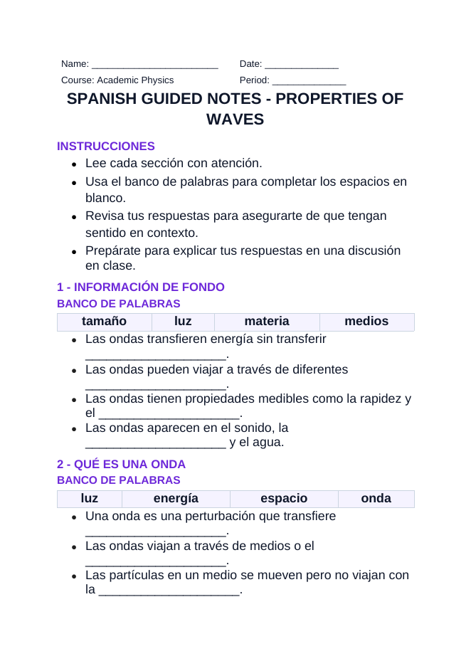 Properties of Waves Spanish Guided Notes sample page