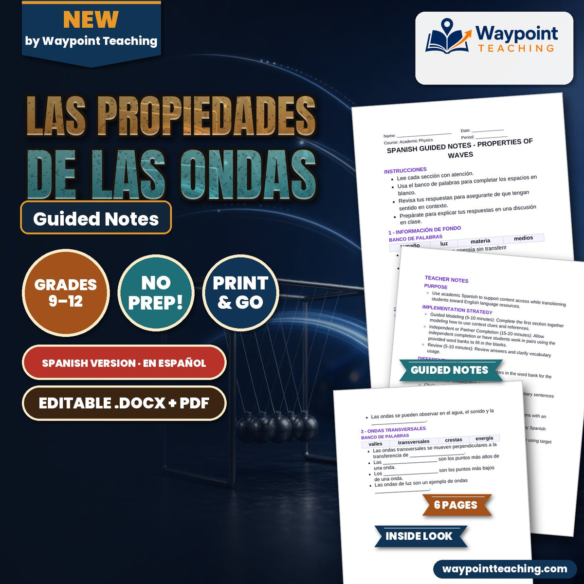 Properties of Waves Spanish Guided Notes cover