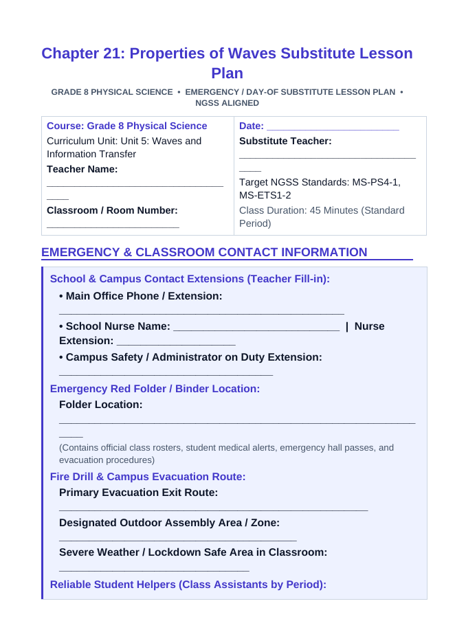 Properties of Waves Substitute Lesson Plan sample page
