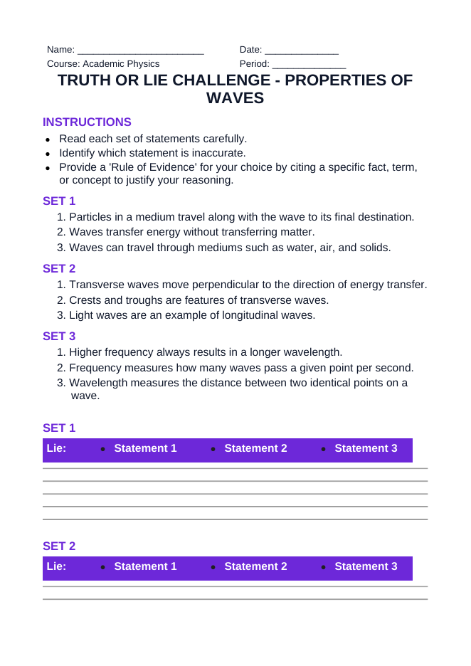 Properties of Waves Truth or Lie Challenge sample page