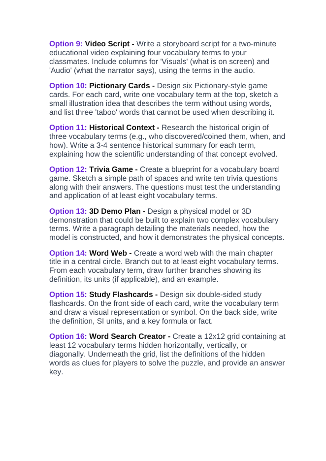 Properties of Waves Vocabulary Choice Board sample page