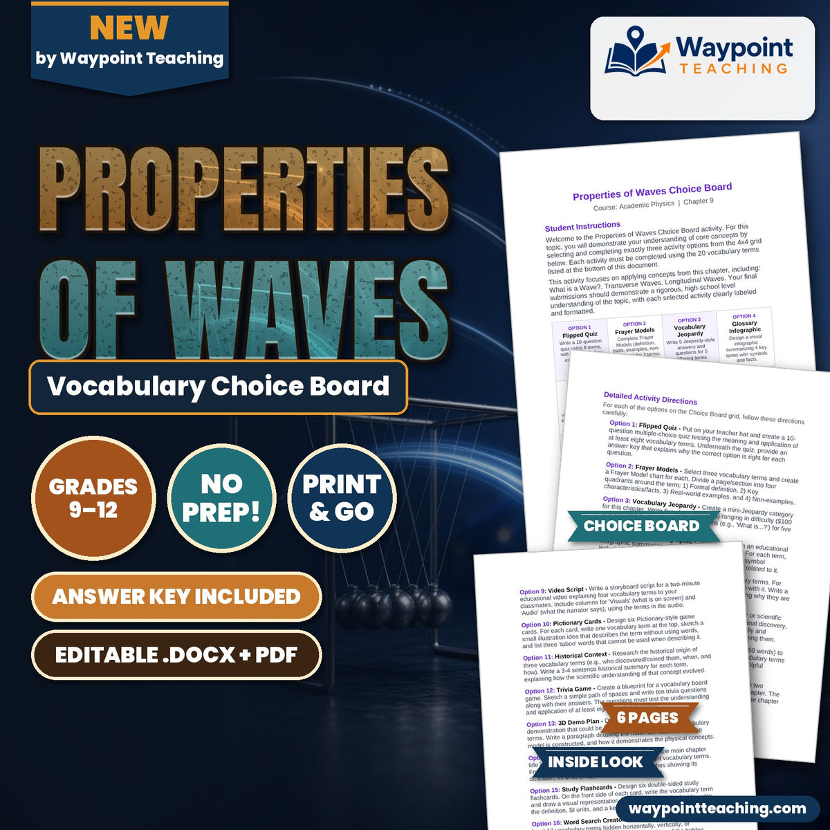 Properties of Waves Vocabulary Choice Board cover