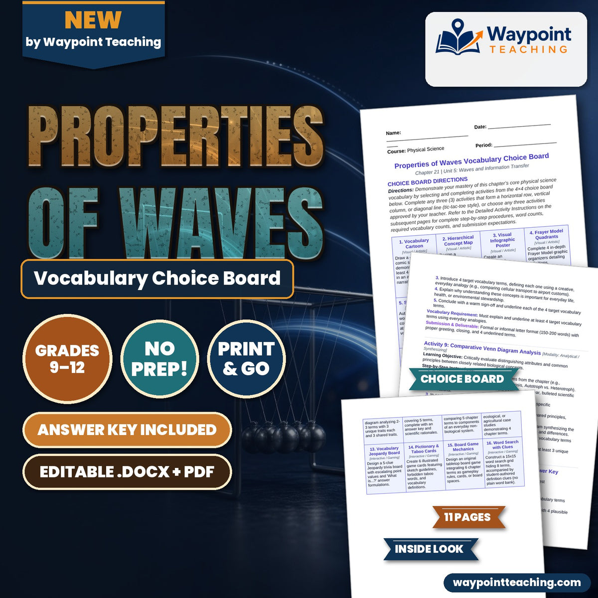 Properties of Waves Vocabulary Choice Board cover