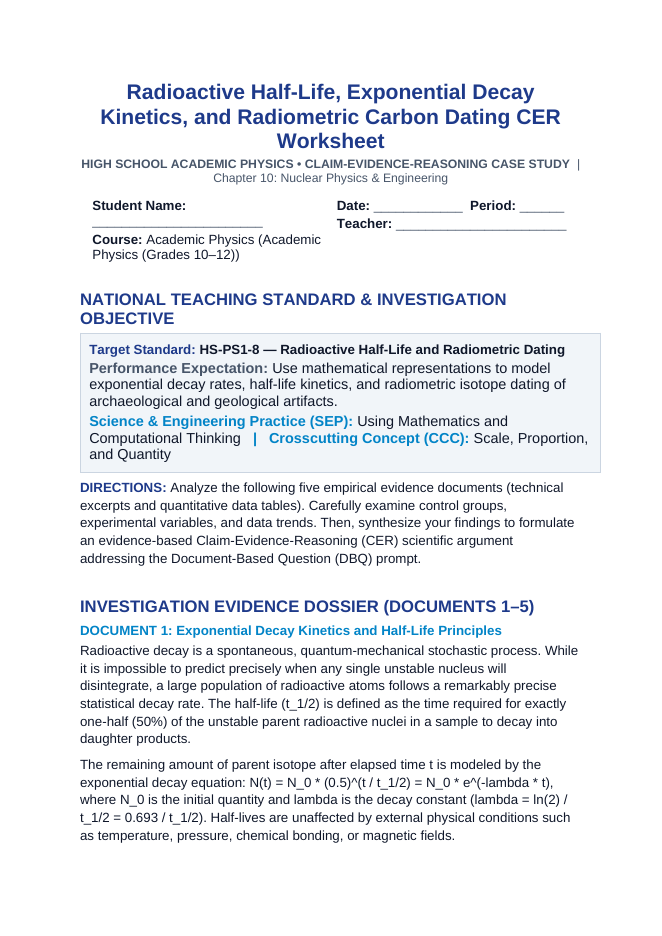 Radioactive Half-Life, Exponential Decay Kinetics, and Radiometric Carbon Dating CER Phenomena Worksheet sample page