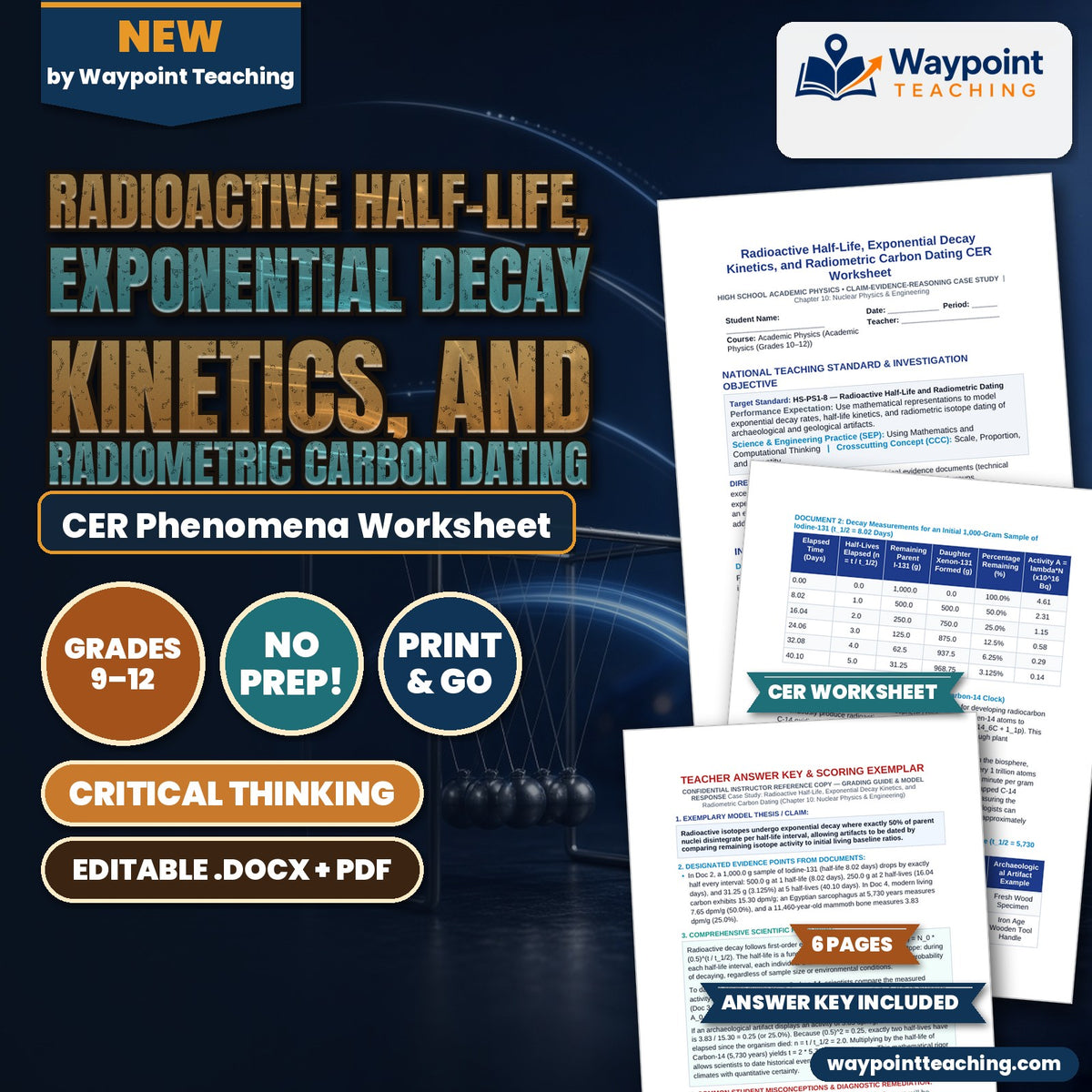 Radioactive Half-Life, Exponential Decay Kinetics, and Radiometric Carbon Dating CER Phenomena Worksheet cover