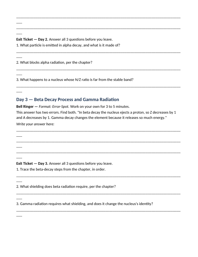 Radioactivity & Nuclear Decay Bell Ringers & Exit Tickets sample page