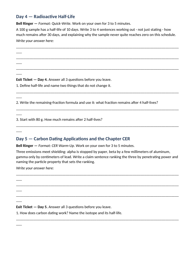 Radioactivity & Nuclear Decay Bell Ringers & Exit Tickets sample page