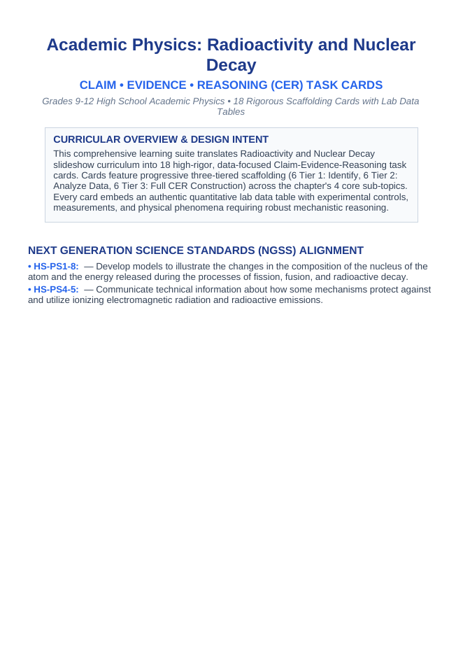 Radioactivity & Nuclear Decay CER Task Cards sample page