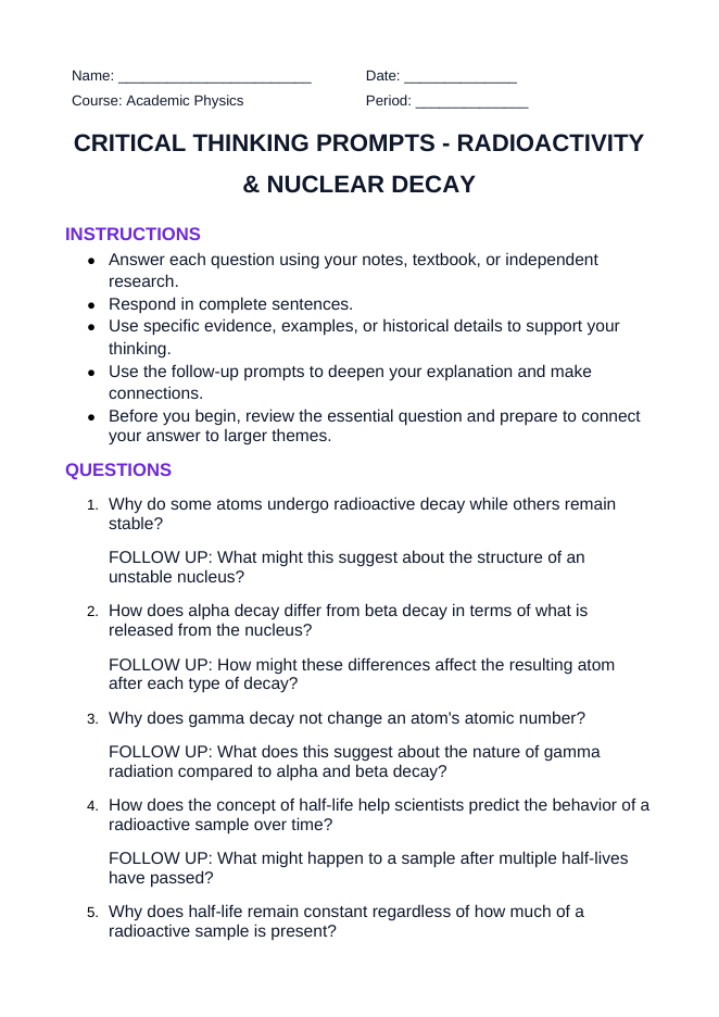 Radioactivity & Nuclear Decay Critical Thinking Prompts sample page