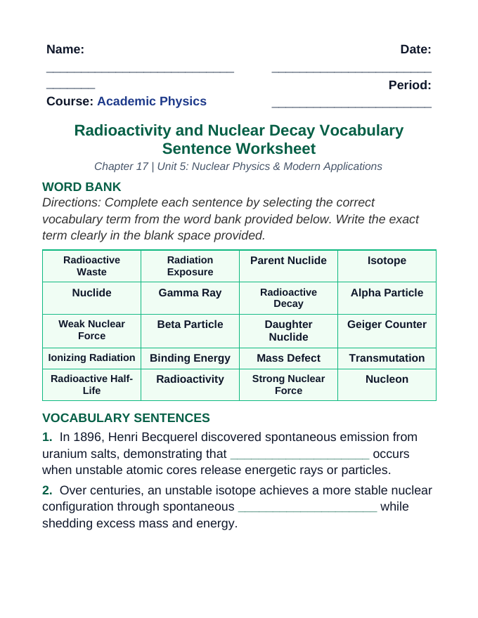 Radioactivity & Nuclear Decay Fill-in-the-Blank Vocabulary Worksheet sample page