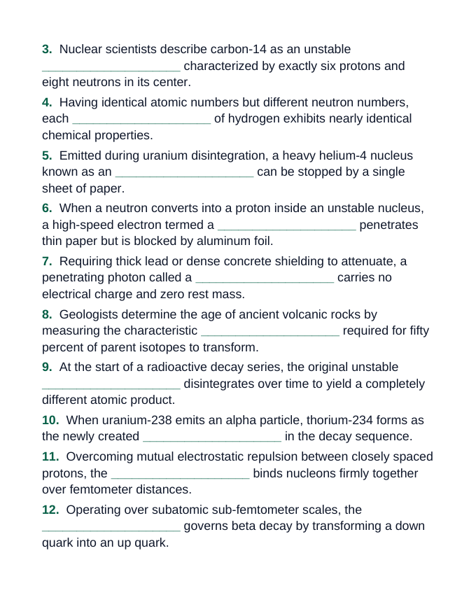 Radioactivity & Nuclear Decay Fill-in-the-Blank Vocabulary Worksheet sample page