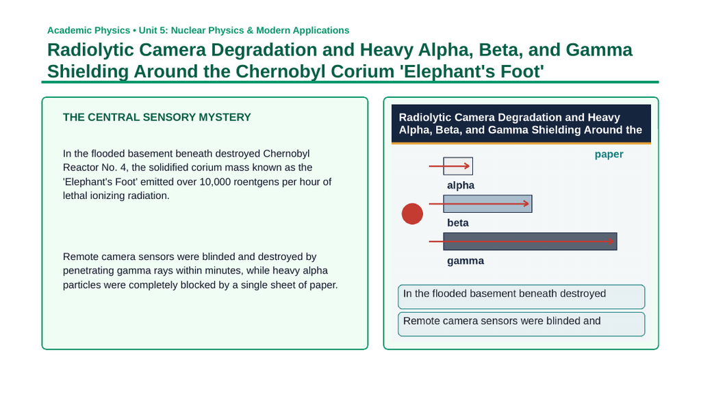 Radioactivity & Nuclear Decay Phenomena-Based Lesson: Radiolytic Camera Degradation and Heavy Alpha, Beta, and Gamma Shielding Around the Chernobyl Corium 'Elephant's Foot' Presentation sample page