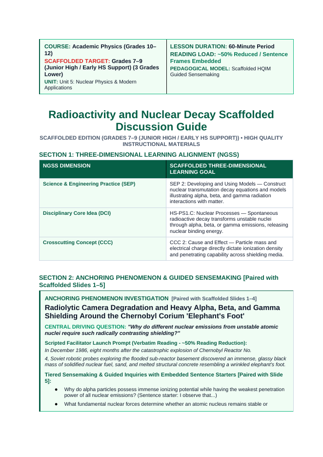 Radioactivity & Nuclear Decay Scaffolded Phenomena-Based Lesson: Radiolytic Camera Degradation and Heavy Alpha, Beta, and Gamma Shielding Around the Chernobyl Corium 'Elephant's Foot' Teacher Discussion Guide sample page