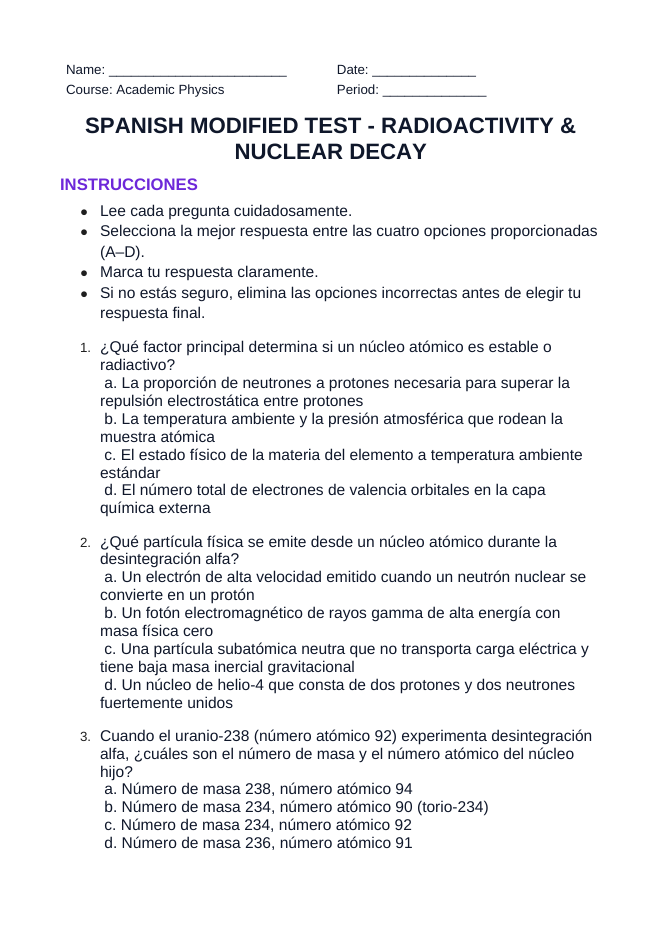 Radioactivity & Nuclear Decay Spanish Unit Test sample page