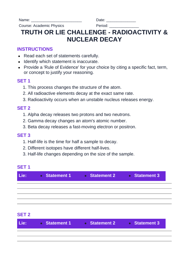 Radioactivity & Nuclear Decay Truth or Lie Challenge sample page