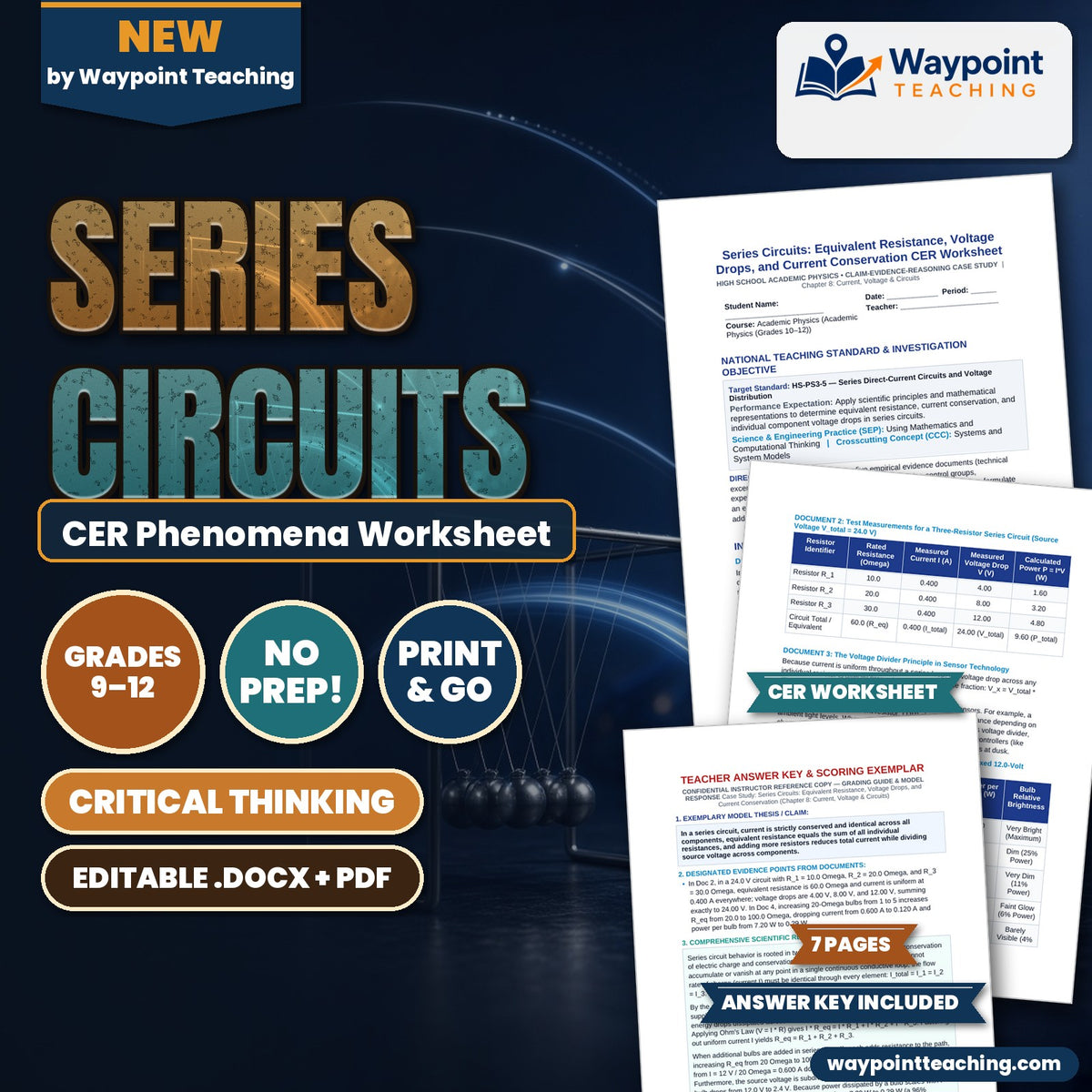 Series Circuits: Equivalent Resistance, Voltage Drops, and Current Conservation CER Phenomena Worksheet cover