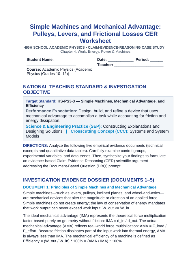 Simple Machines and Mechanical Advantage: Pulleys, Levers, and Frictional Losses CER Phenomena Worksheet sample page