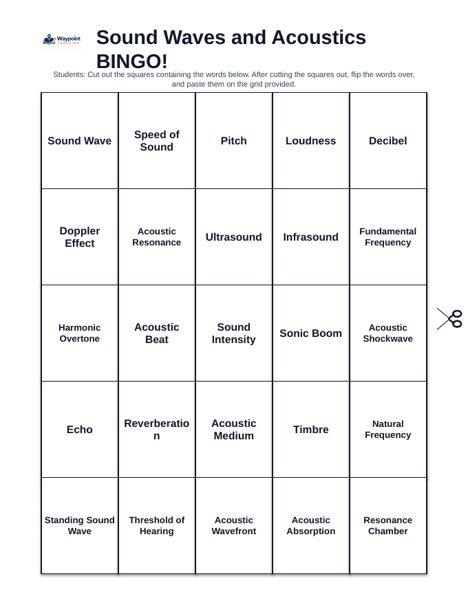 Sound Waves & Acoustics BINGO Review Game sample page