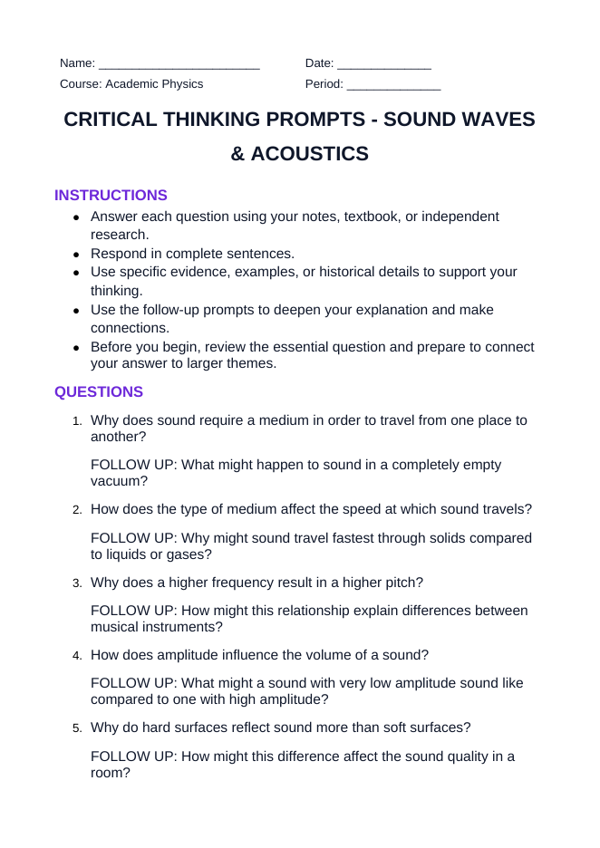 Sound Waves & Acoustics Critical Thinking Prompts sample page
