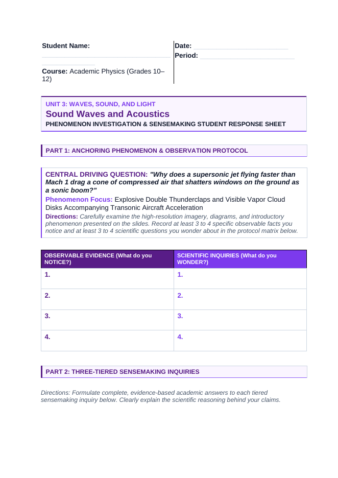 Sound Waves & Acoustics Phenomena-Based Lesson: Explosive Double Thunderclaps and Visible Vapor Cloud Disks Accompanying Transonic Aircraft Acceleration Student Response Sheet sample page