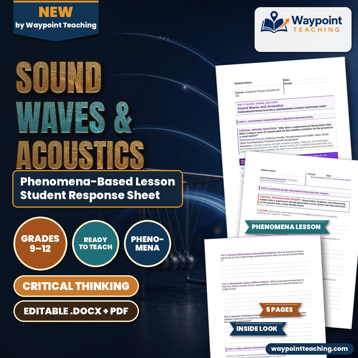 Sound Waves & Acoustics Phenomena-Based Lesson: Explosive Double Thunderclaps and Visible Vapor Cloud Disks Accompanying Transonic Aircraft Acceleration Student Response Sheet cover
