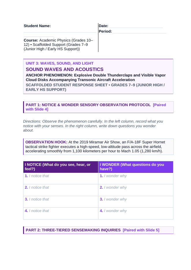 Sound Waves & Acoustics Scaffolded Phenomena-Based Lesson: Explosive Double Thunderclaps and Visible Vapor Cloud Disks Accompanying Transonic Aircraft Acceleration Student Response Sheet sample page