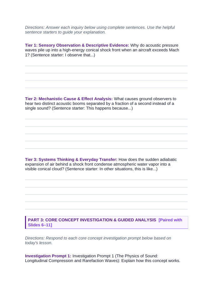 Sound Waves & Acoustics Scaffolded Phenomena-Based Lesson: Explosive Double Thunderclaps and Visible Vapor Cloud Disks Accompanying Transonic Aircraft Acceleration Student Response Sheet sample page