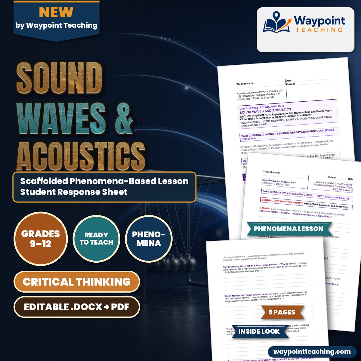 Sound Waves & Acoustics Scaffolded Phenomena-Based Lesson: Explosive Double Thunderclaps and Visible Vapor Cloud Disks Accompanying Transonic Aircraft Acceleration Student Response Sheet cover