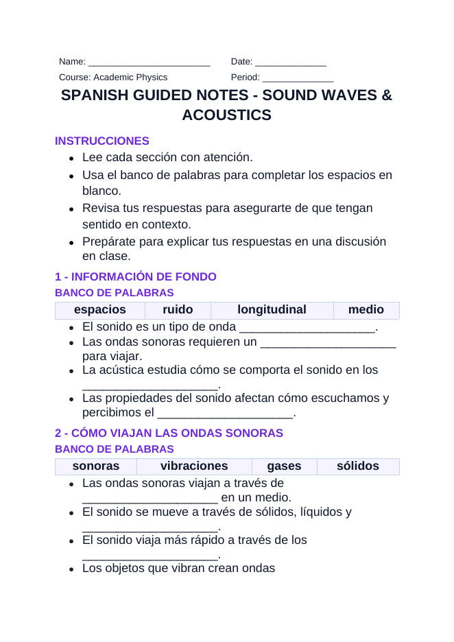 Sound Waves & Acoustics Spanish Guided Notes sample page