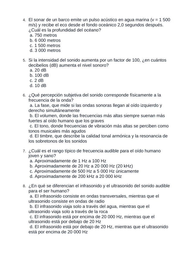 Sound Waves & Acoustics Spanish Unit Test sample page