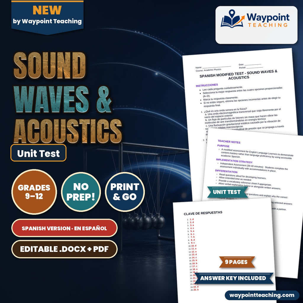 Sound Waves & Acoustics Spanish Unit Test cover