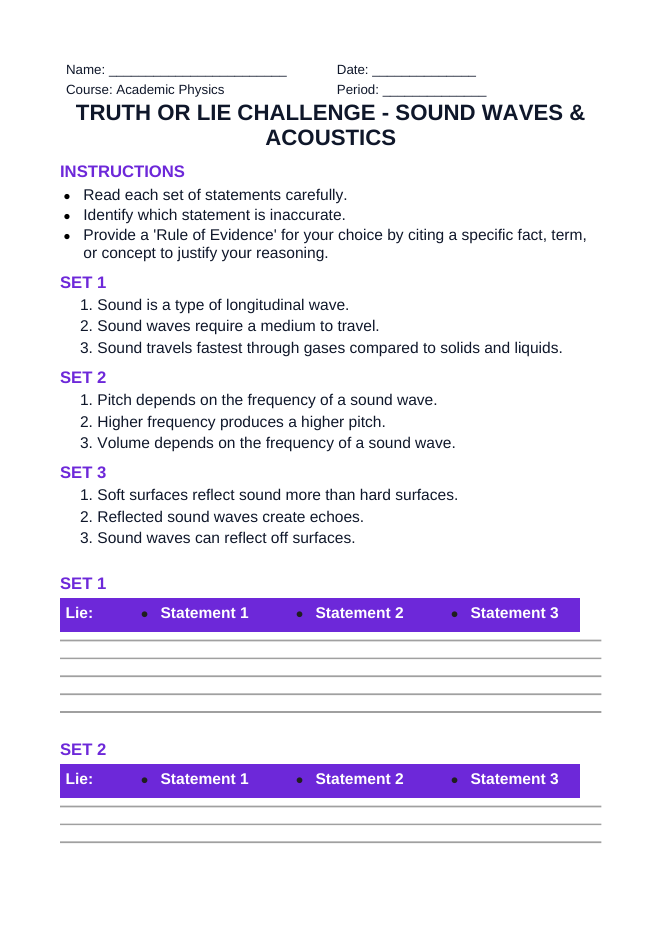 Sound Waves & Acoustics Truth or Lie Challenge sample page