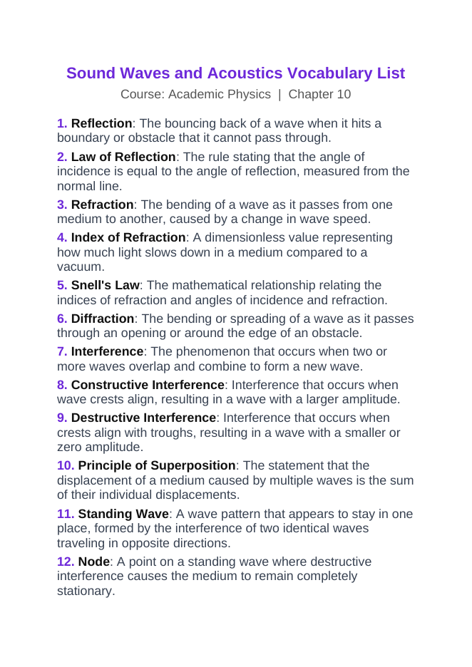 Sound Waves & Acoustics Vocabulary Words & Definitions sample page